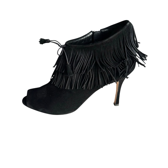 Manolo Blahnik Open Toe Heels Booties Black Suede Fringe - Picture 4 of 12